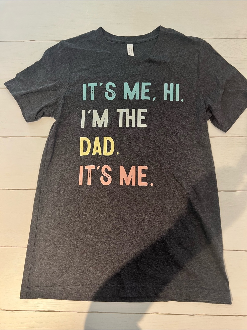 Bella Canvas Dark Charcoal Men’s Tee with Pastel Multicolor Text